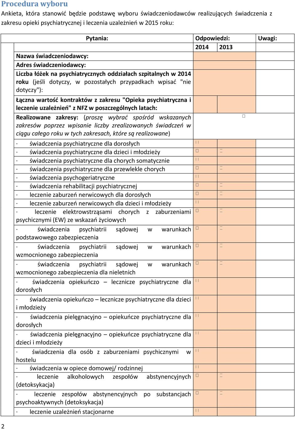 kntraktów z zakresu "Opieka psychiatryczna i leczenie uzależnień" z NFZ w pszczególnych latach: Realizwane zakresy: (prszę wybrać spśród wskazanych zakresów pprzez wpisanie liczby zrealizwanych