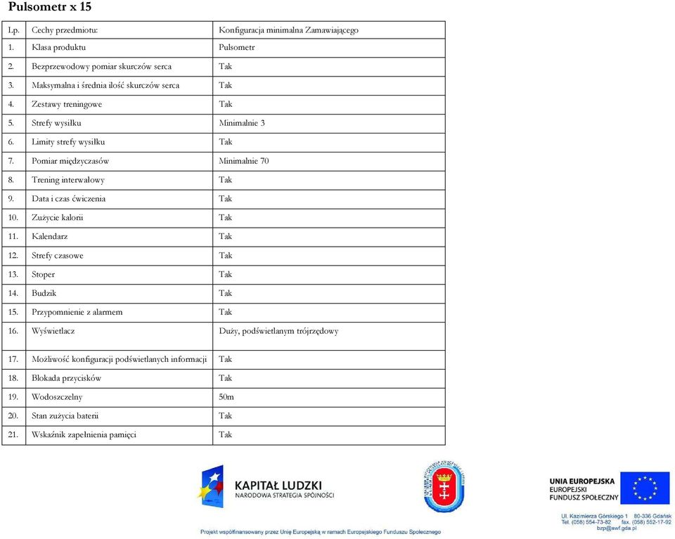 Trening interwałowy 9. Data i czas ćwiczenia 10. Zużycie kalorii 11. Kalendarz 12. Strefy czasowe 13. Stoper 14. Budzik 15. Przypomnienie z alarmem 16.