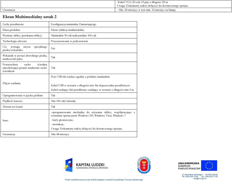 postaci dowolnego pisaka, markera lub palca Powierzchnia sucho ścieralna umożliwiająca pisanie markerem sucho ścieralnym Konfiguracja minimalna Zamawiającego Ekran (tablica) multimedialny Minimalnie