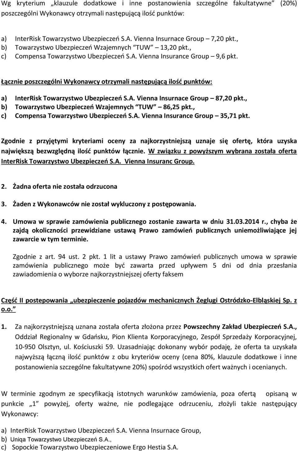 , b) Towarzystwo Ubezpieczeń Wzajemnych TUW 86,25 pkt., c) Compensa Towarzystwo Ubezpieczeń S.A. Vienna Insurance Group 35,71 pkt. InterRisk Towarzystwo Ubezpieczeń S.A. Vienna Insuranc Group.