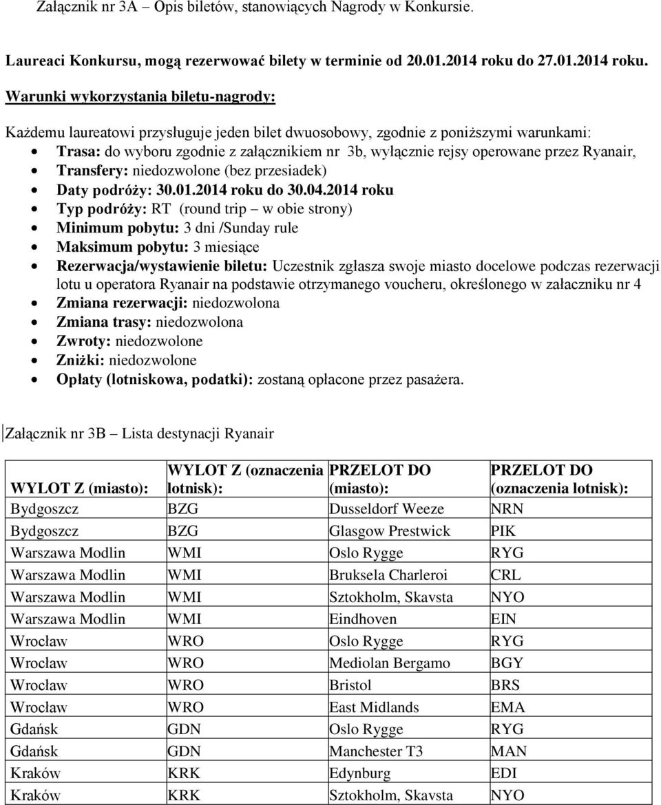 Warunki wykorzystania biletu-nagrody: Każdemu laureatowi przysługuje jeden bilet dwuosobowy, zgodnie z poniższymi warunkami: Trasa: do wyboru zgodnie z załącznikiem nr 3b, wyłącznie rejsy operowane