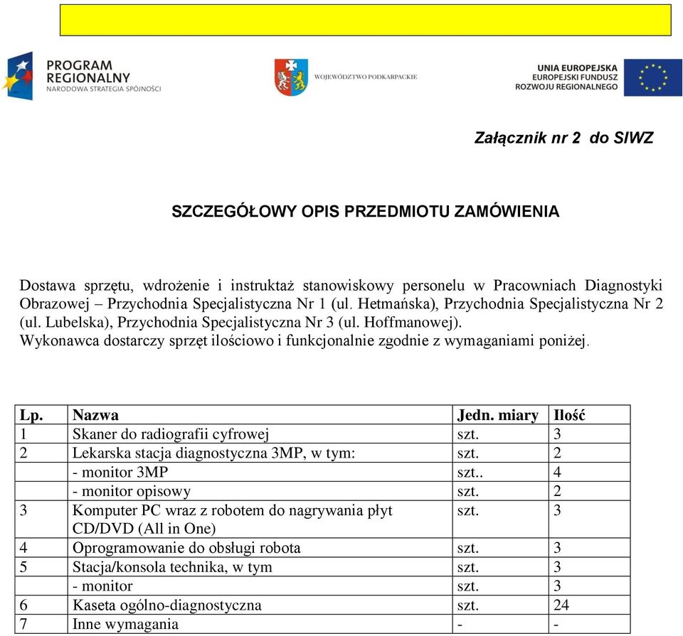 Lp. Nazwa Jedn. miary Ilość 1 Skaner do radiografii cyfrowej szt. 3 2 Lekarska stacja diagnostyczna 3MP, w tym: szt. 2 - monitor 3MP szt.. 4 - monitor opisowy szt.