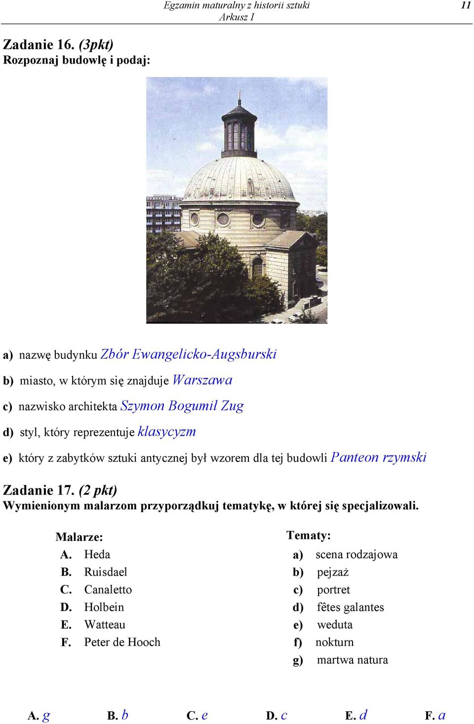 Zug d) styl, który reprezentuje klasycyzm e) który z zabytków sztuki antycznej był wzorem dla tej budowli Panteon rzymski Zadanie 17.