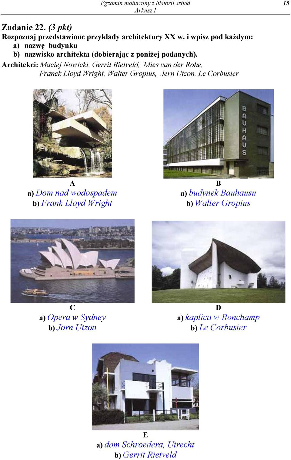 Architekci: Maciej Nowicki, Gerrit Rietveld, Mies van der Rohe, Franck Lloyd Wright, Walter Gropius, Jern Utzon, Le Corbusier A a) Dom