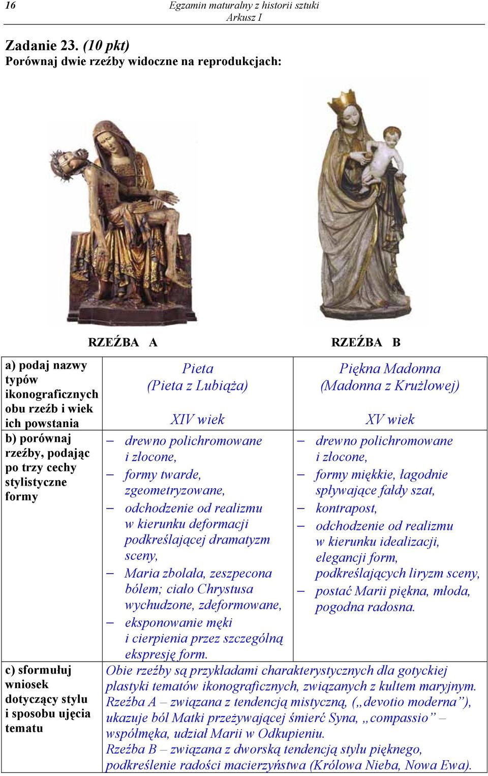 wniosek dotyczący stylu i sposobu ujęcia tematu RZEŹBA A Pieta (Pieta z Lubiąża) XIV wiek drewno polichromowane i złocone, formy twarde, zgeometryzowane, odchodzenie od realizmu w kierunku deformacji