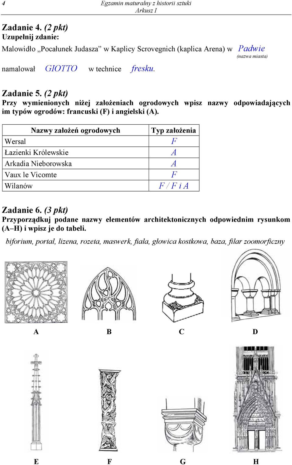 (2 pkt) Przy wymienionych niżej założeniach ogrodowych wpisz nazwy odpowiadających im typów ogrodów: francuski (F) i angielski (A).