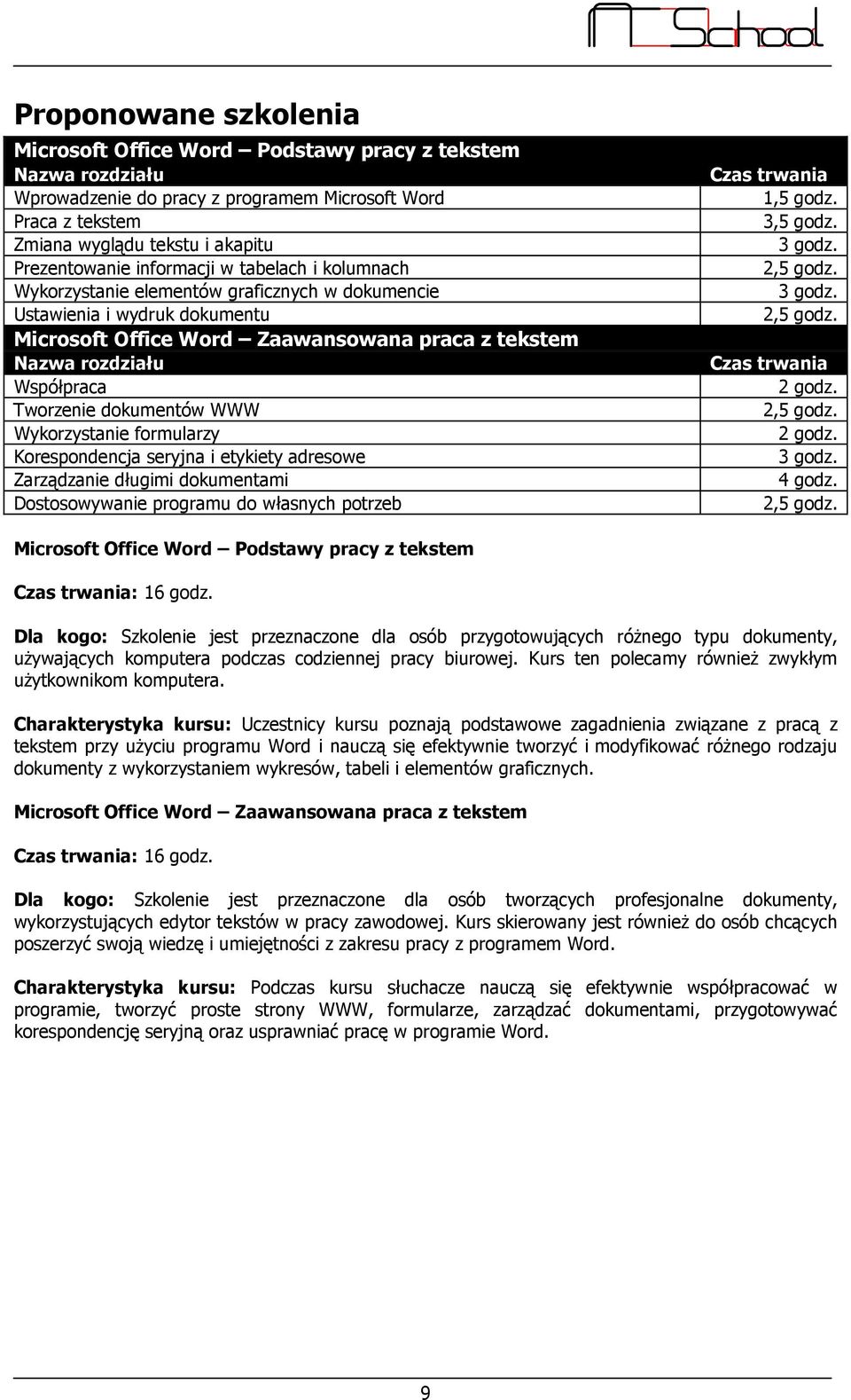 Tworzenie dokumentów WWW Wykorzystanie formularzy Korespondencja seryjna i etykiety adresowe Zarządzanie długimi dokumentami Dostosowywanie programu do własnych potrzeb Czas trwania 1,5 godz.