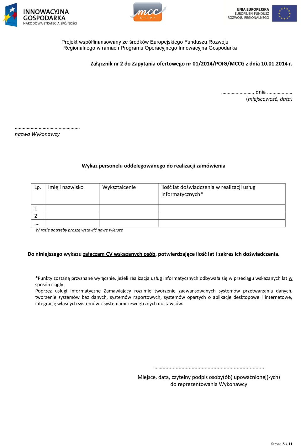 W razie potrzeby prosz wstawi nowe wiersze Do niniejszego wykazu załączam CV wskazanych osób, potwierdzające ilość lat i zakres ich doświadczenia.