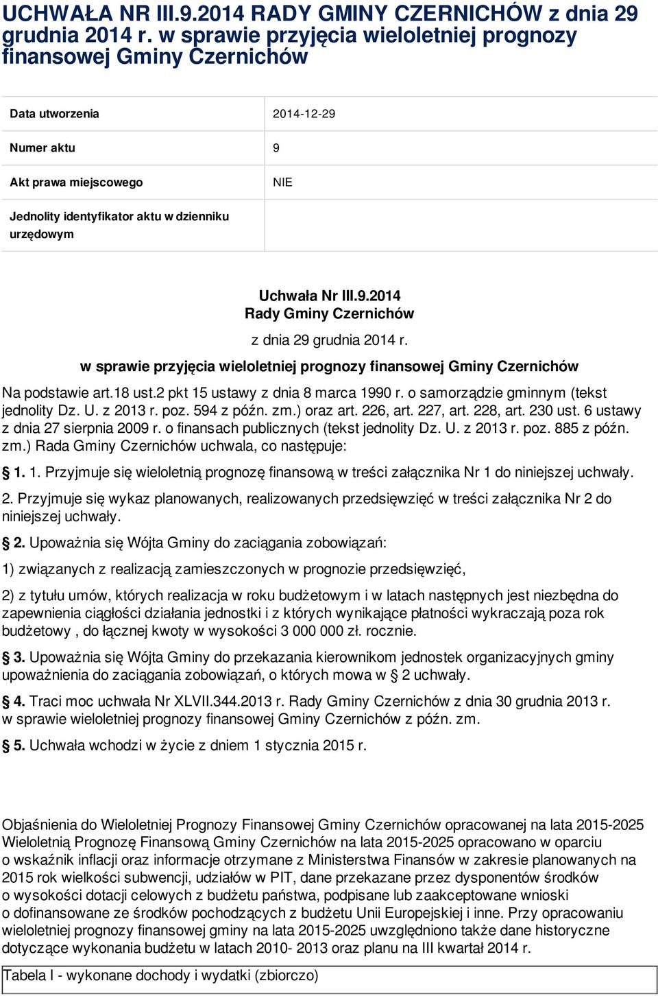 III.9.2014 Rady Gminy Czernichów z dnia 29 grudnia 2014 r. w sprawie przyjęcia wieloletniej prognozy finansowej Gminy Czernichów Na podstawie art.18 ust.2 pkt 15 ustawy z dnia 8 marca 1990 r.