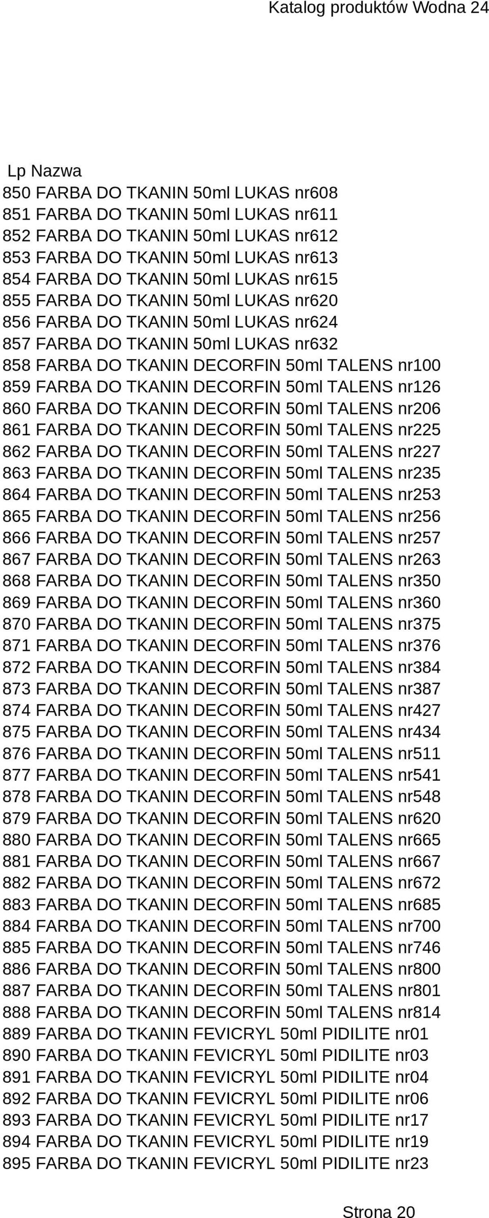 FARBA DO TKANIN DECORFIN 50ml TALENS nr206 861 FARBA DO TKANIN DECORFIN 50ml TALENS nr225 862 FARBA DO TKANIN DECORFIN 50ml TALENS nr227 863 FARBA DO TKANIN DECORFIN 50ml TALENS nr235 864 FARBA DO