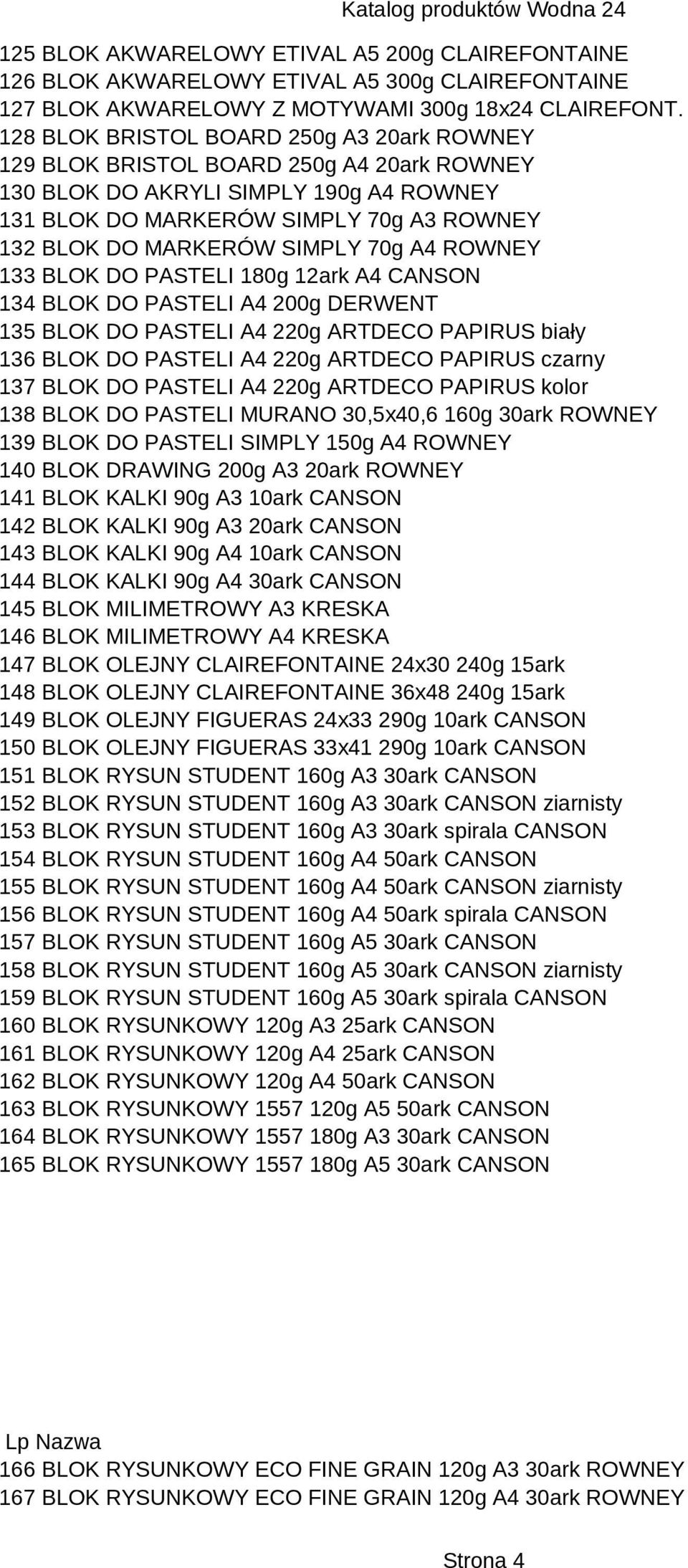 70g A4 ROWNEY 133 BLOK DO PASTELI 180g 12ark A4 CANSON 134 BLOK DO PASTELI A4 200g DERWENT 135 BLOK DO PASTELI A4 220g ARTDECO PAPIRUS biały 136 BLOK DO PASTELI A4 220g ARTDECO PAPIRUS czarny 137