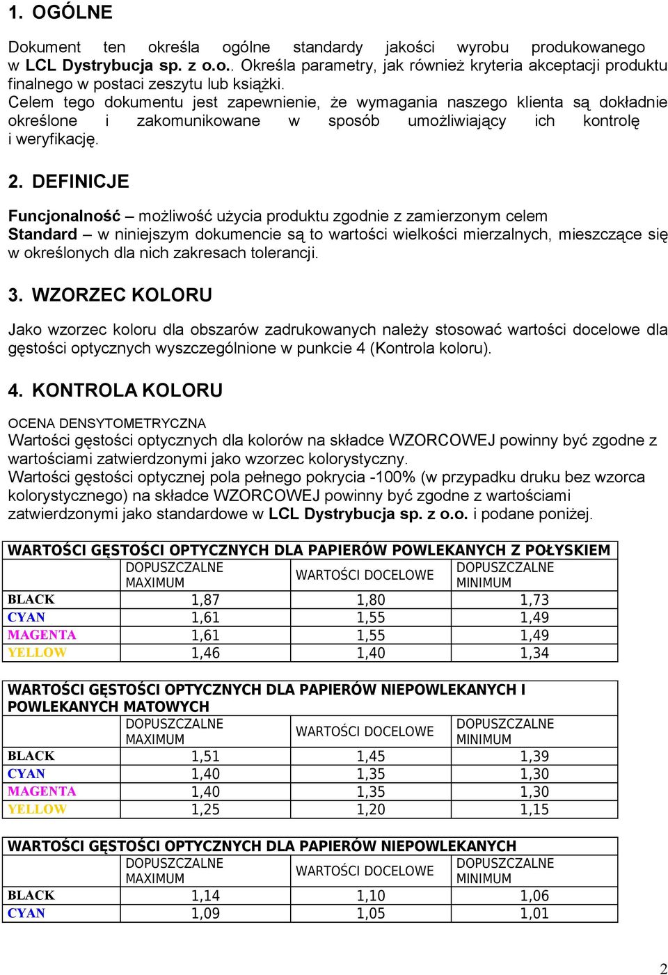 DEFINICJE Funcjonalność moŝliwość uŝycia produktu zgodnie z zamierzonym celem Standard w niniejszym dokumencie są to wartości wielkości mierzalnych, mieszczące się w określonych dla nich zakresach