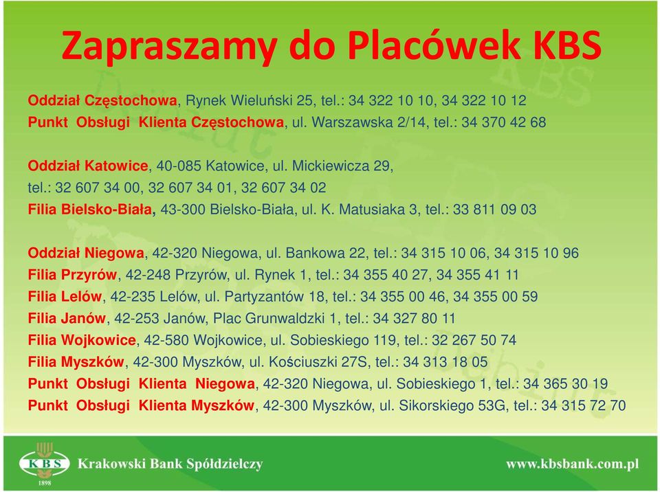 : 33 811 09 03 Oddział Niegowa, 42-320 Niegowa, ul. Bankowa 22, tel.: 34 315 10 06, 34 315 10 96 Filia Przyrów, 42-248 Przyrów, ul. Rynek 1, tel.