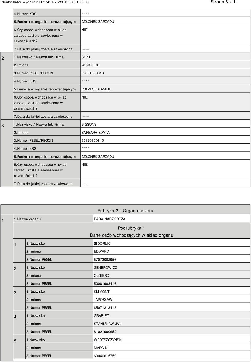 Czy osoba wchodząca w skład zarządu została zawieszona w czynnościach? PREZES ZARZĄDU NIE 7.Data do jakiej została zawieszona ------ 3 1.Nazwisko / Nazwa lub Firma SISSONS BARBARA EDYTA 3.