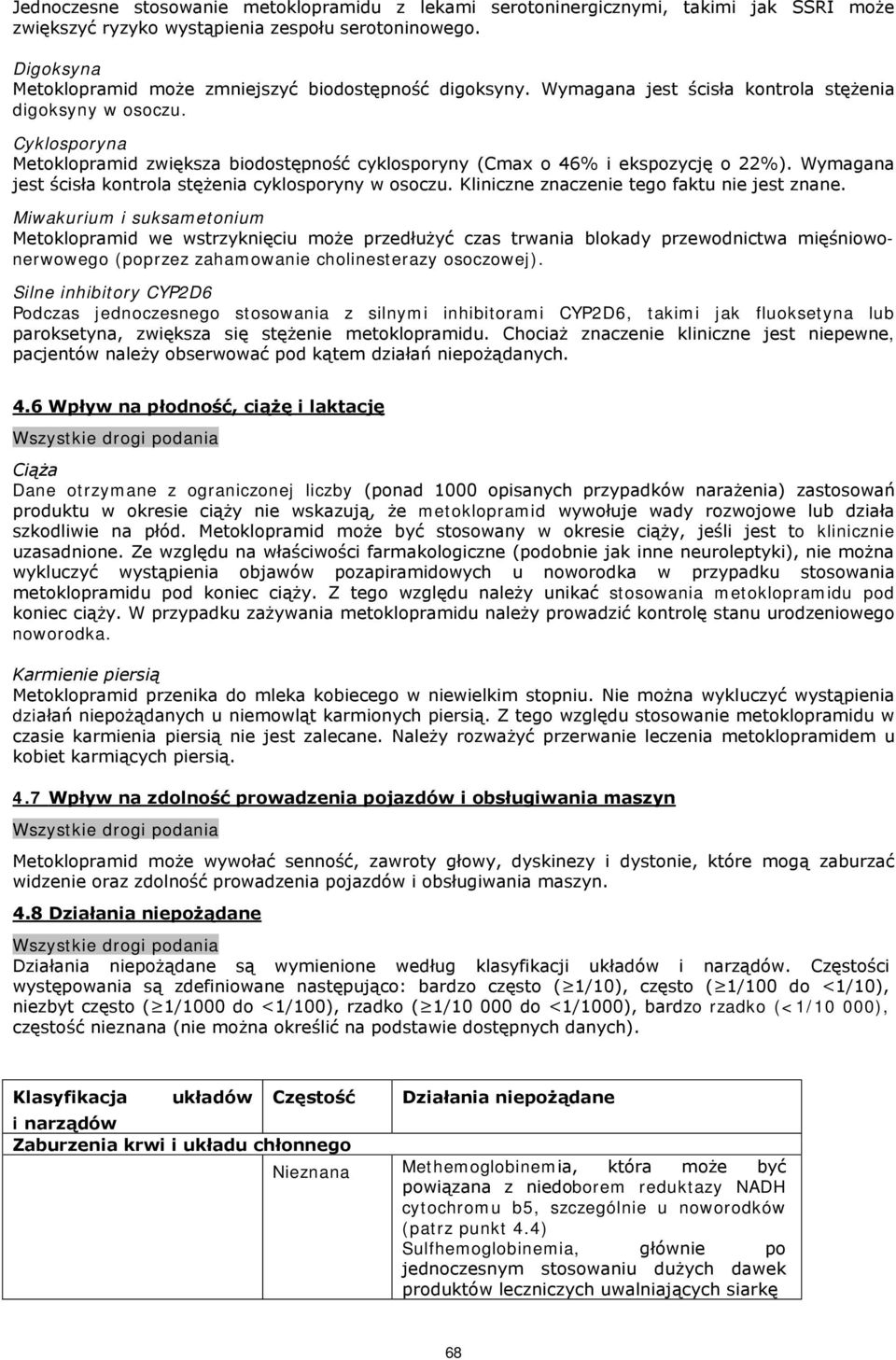 Cyklosporyna Metoklopramid zwiększa biodostępność cyklosporyny (Cmax o 46% i ekspozycję o 22%). Wymagana jest ścisła kontrola stężenia cyklosporyny w osoczu.