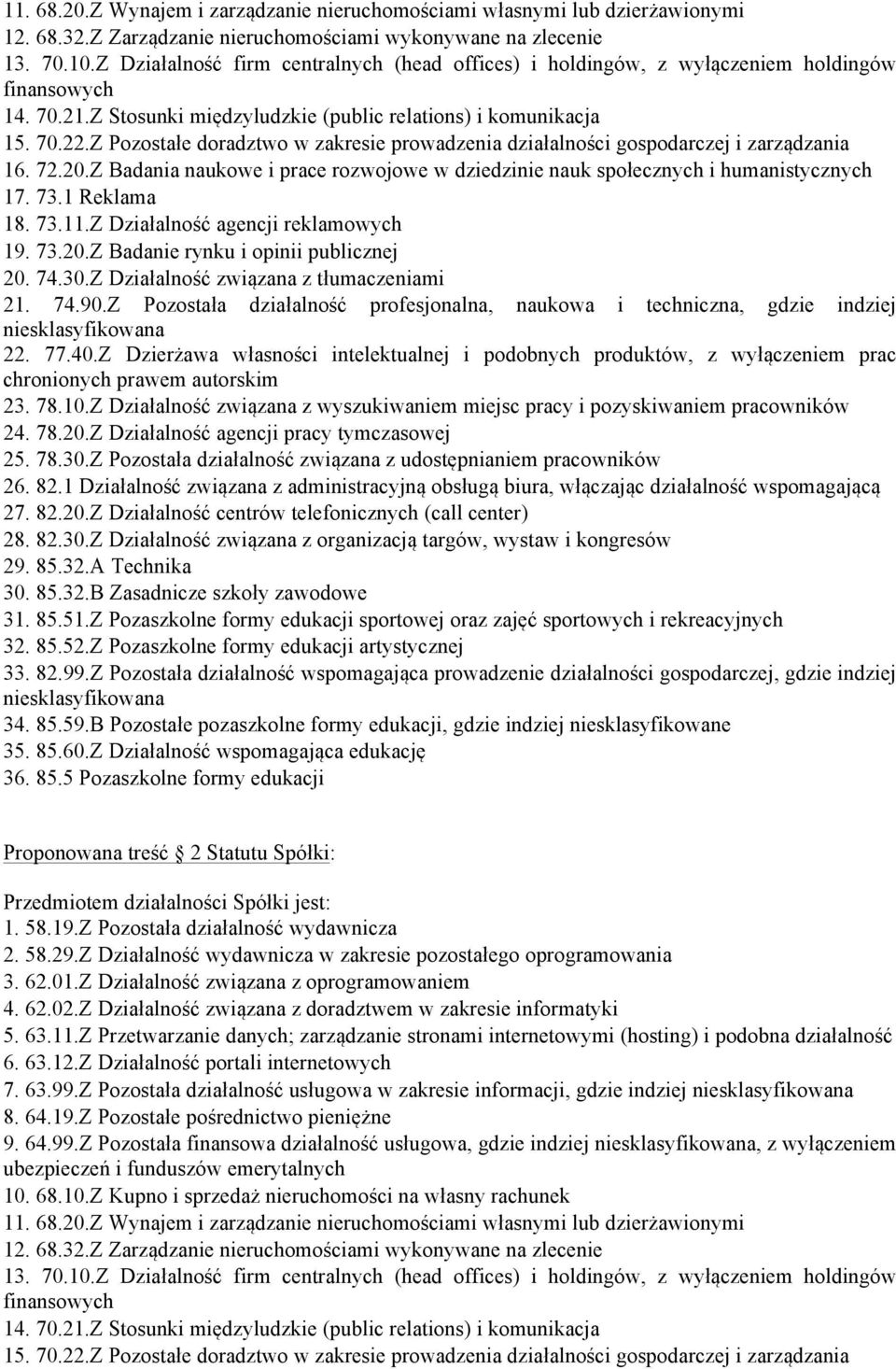 Z Pozostałe doradztwo w zakresie prowadzenia działalności gospodarczej i zarządzania 16. 72.20.Z Badania naukowe i prace rozwojowe w dziedzinie nauk społecznych i humanistycznych 17. 73.1 Reklama 18.