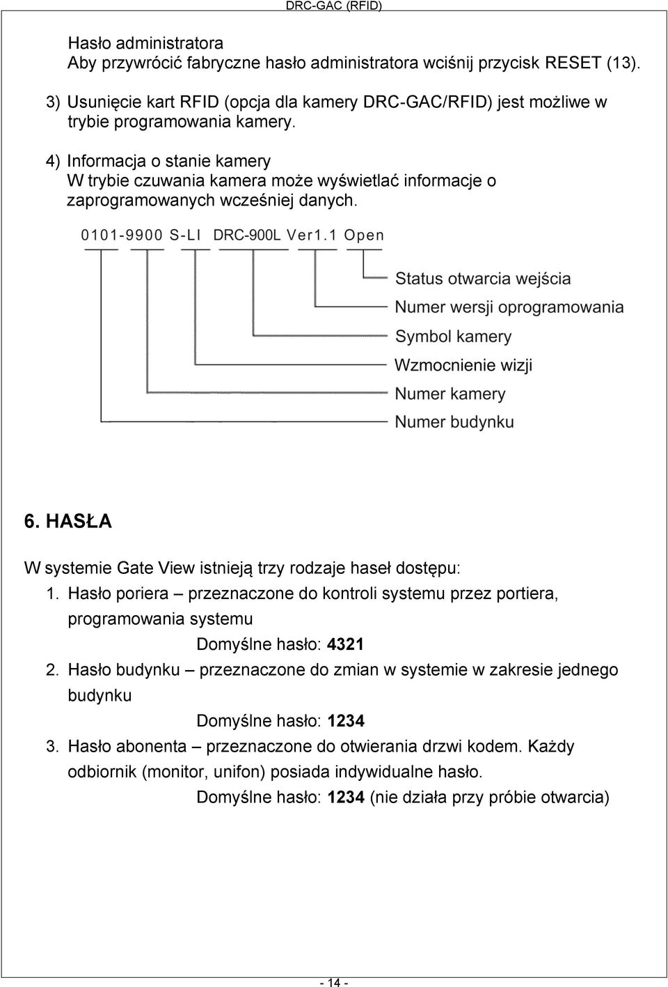 4) Informacja o stanie kamery W trybie czuwania kamera może wyświetlać informacje o zaprogramowanych wcześniej danych. 6. HASŁA W systemie Gate View istnieją trzy rodzaje haseł dostępu: 1.