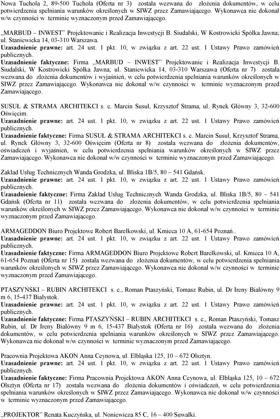 Uzasadnienie faktyczne: Firma MARBUD INWEST Projektowanie i Realizacja Inwestycji B. Siudalski, W Kostrowicki Spółka Jawna; ul.