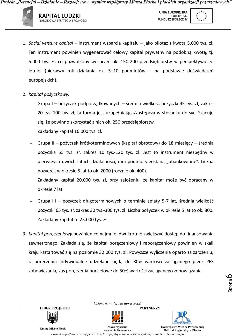 Kapitał pożyczkowy: Grupa I pożyczek podporządkowanych średnia wielkość pożyczki 45 tys. zł, zakres 20 tys.-100 tys. zł; ta forma jest uzupełniająca/zastępcza w stosunku do svc.