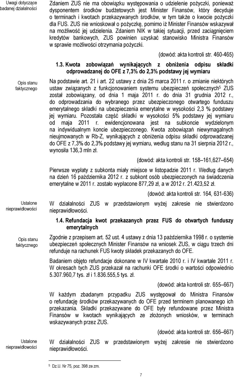 ZUS nie wnioskował o pożyczkę, pomimo iż Minister Finansów wskazywał na możliwość jej udzielenia.