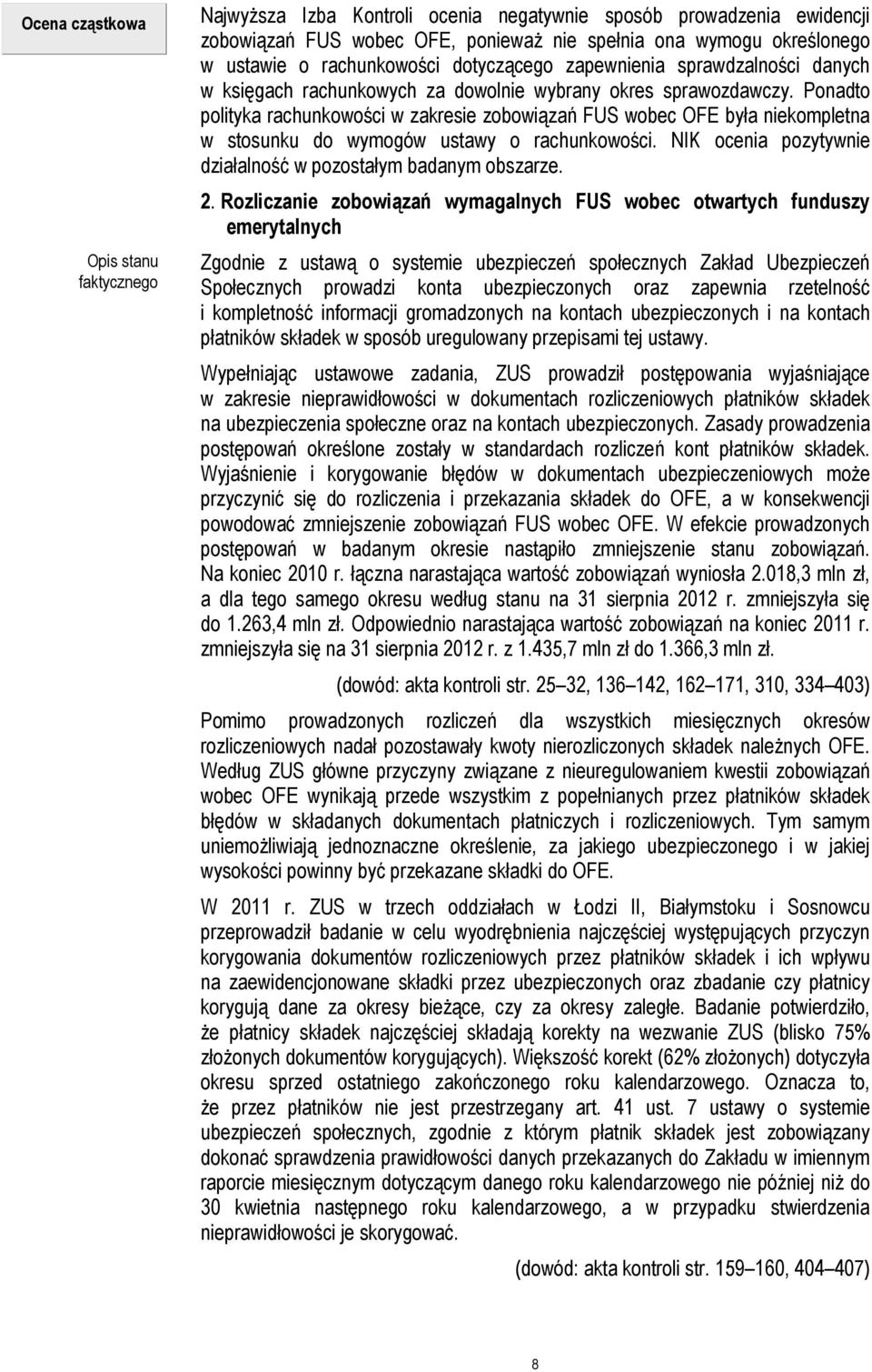 Ponadto polityka rachunkowości w zakresie zobowiązań FUS wobec OFE była niekompletna w stosunku do wymogów ustawy o rachunkowości. NIK ocenia pozytywnie działalność w pozostałym badanym obszarze. 2.