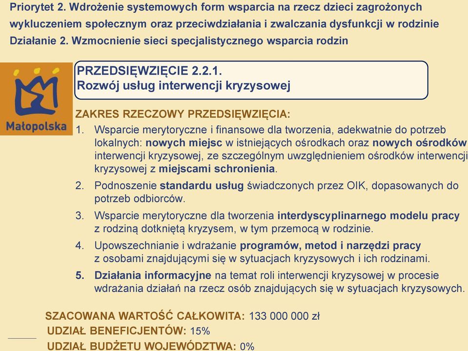 Wsparcie merytoryczne i finansowe dla tworzenia, adekwatnie do potrzeb lokalnych: nowych miejsc w istniejących ośrodkach oraz nowych ośrodków interwencji kryzysowej, ze szczególnym uwzględnieniem