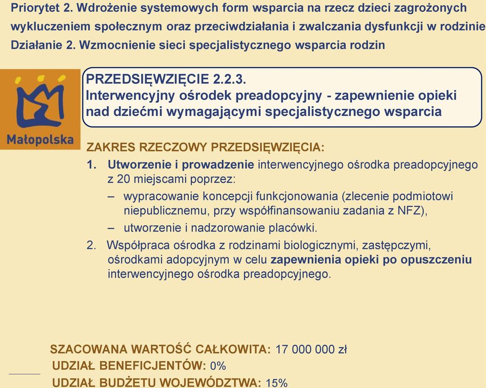 Utworzenie i prowadzenie interwencyjnego ośrodka preadopcyjnego z 20 miejscami poprzez: wypracowanie koncepcji funkcjonowania (zlecenie podmiotowi niepublicznemu, przy współfinansowaniu zadania z