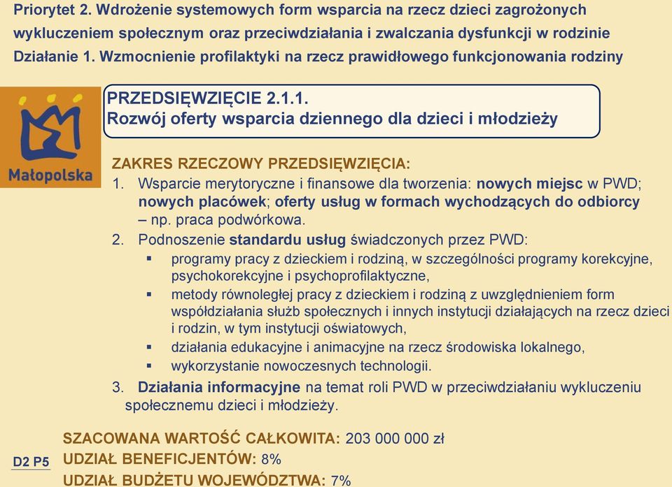 Wsparcie merytoryczne i finansowe dla tworzenia: nowych miejsc w PWD; nowych placówek; oferty usług w formach wychodzących do odbiorcy np. praca podwórkowa. 2.