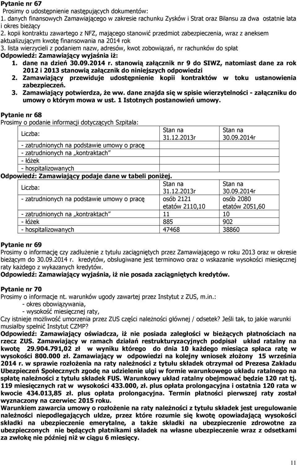 lista wierzycieli z podaniem nazw, adresów, kwot zobowiązań, nr rachunków do spłat Odpowiedź: Zamawiający wyjaśnia iż: 1. dane na dzień 30.09.2014 r.