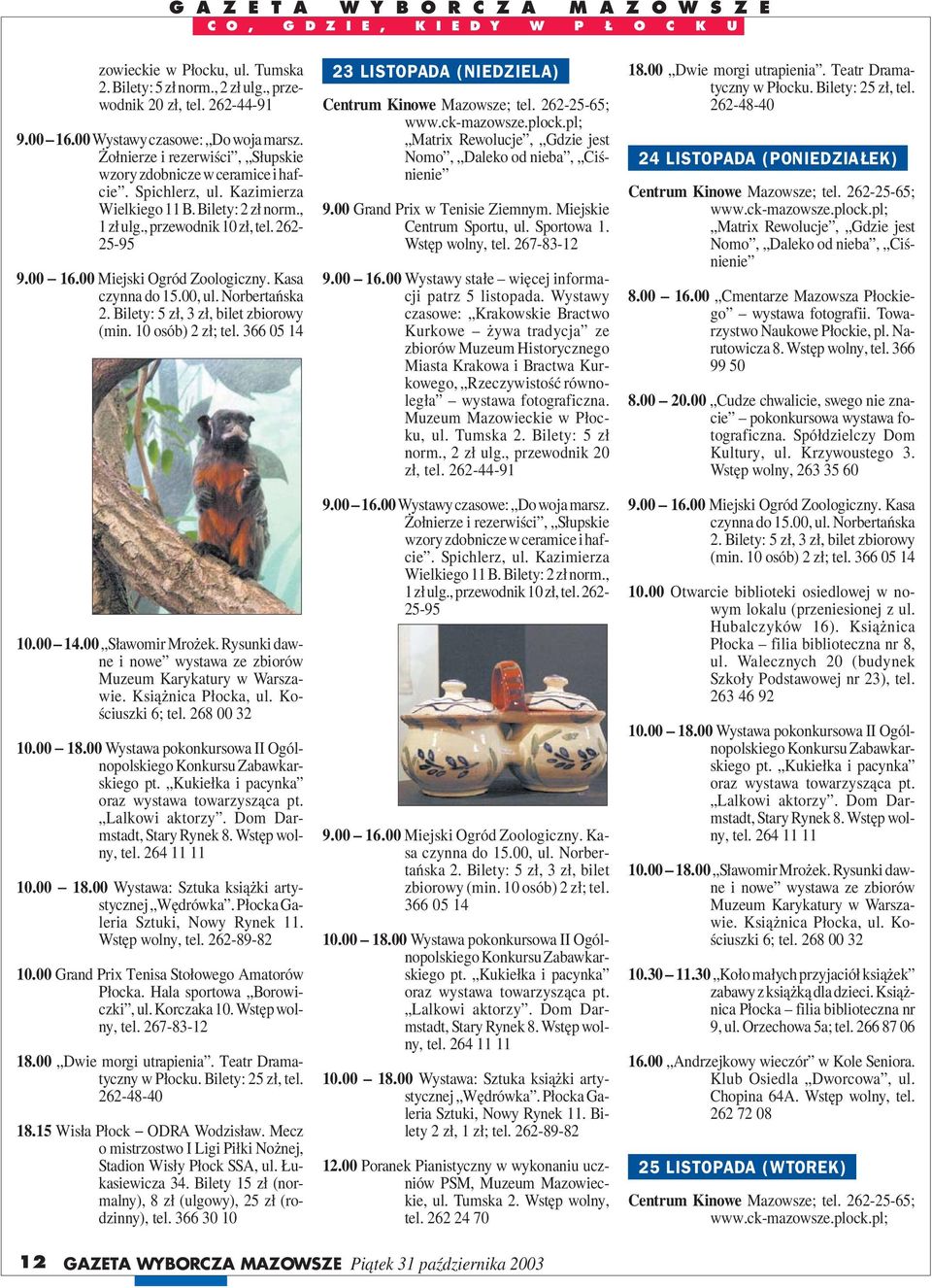 Hala sportowa Borowiczki, ul. Korczaka 10. Wstęp wolny, tel. 267-83-12 18.00 Dwie morgi utrapienia. Teatr Dramatyczny w Płocku. Bilety: 25 zł, tel. 262-18.15 Wisła Płock ODRA Wodzisław.