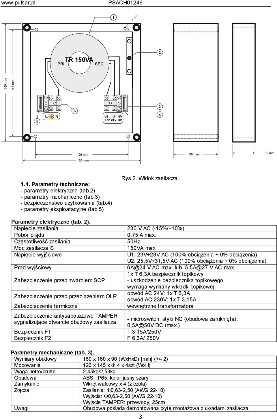 Częstotliwość zasilania 50Hz Moc zasilacza S 150VA max.