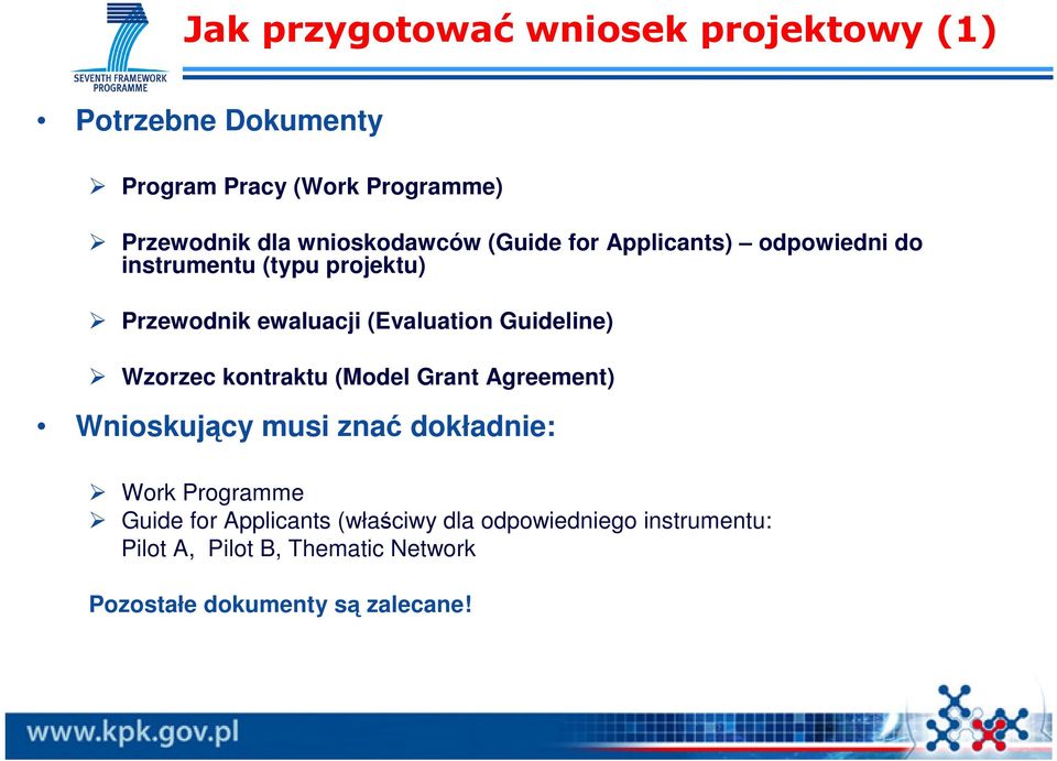 Guideline) Wzorzec kontraktu (Model Grant Agreement) Wnioskujący musi znać dokładnie: Work Programme Guide for