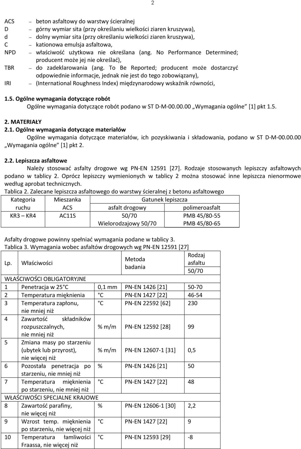 To Be Reported; producent może dostarczyć odpowiednie informacje, jednak nie jest do tego zobowiązany), (International Roughness Index) międzynarodowy wskaźnik równości, 1.5.