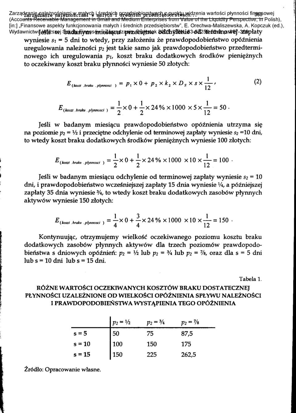dodatkowych srodk6w pieni~znych to oczekiwany koszt braku piynnosci wyniesie 50 zlotych: E(kosz"braku plynlwci )=pxo+p2xk2xd.