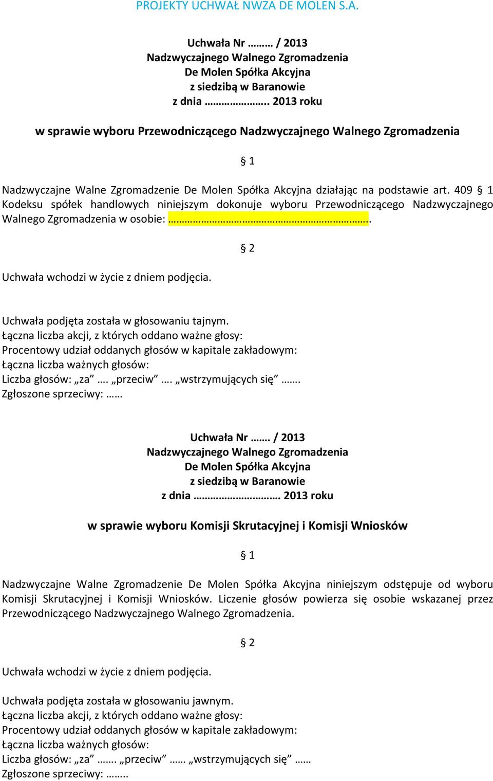 Liczba głosów: za. przeciw. wstrzymujących się. Zgłoszone sprzeciwy: Uchwała Nr. / 2013 z dnia.