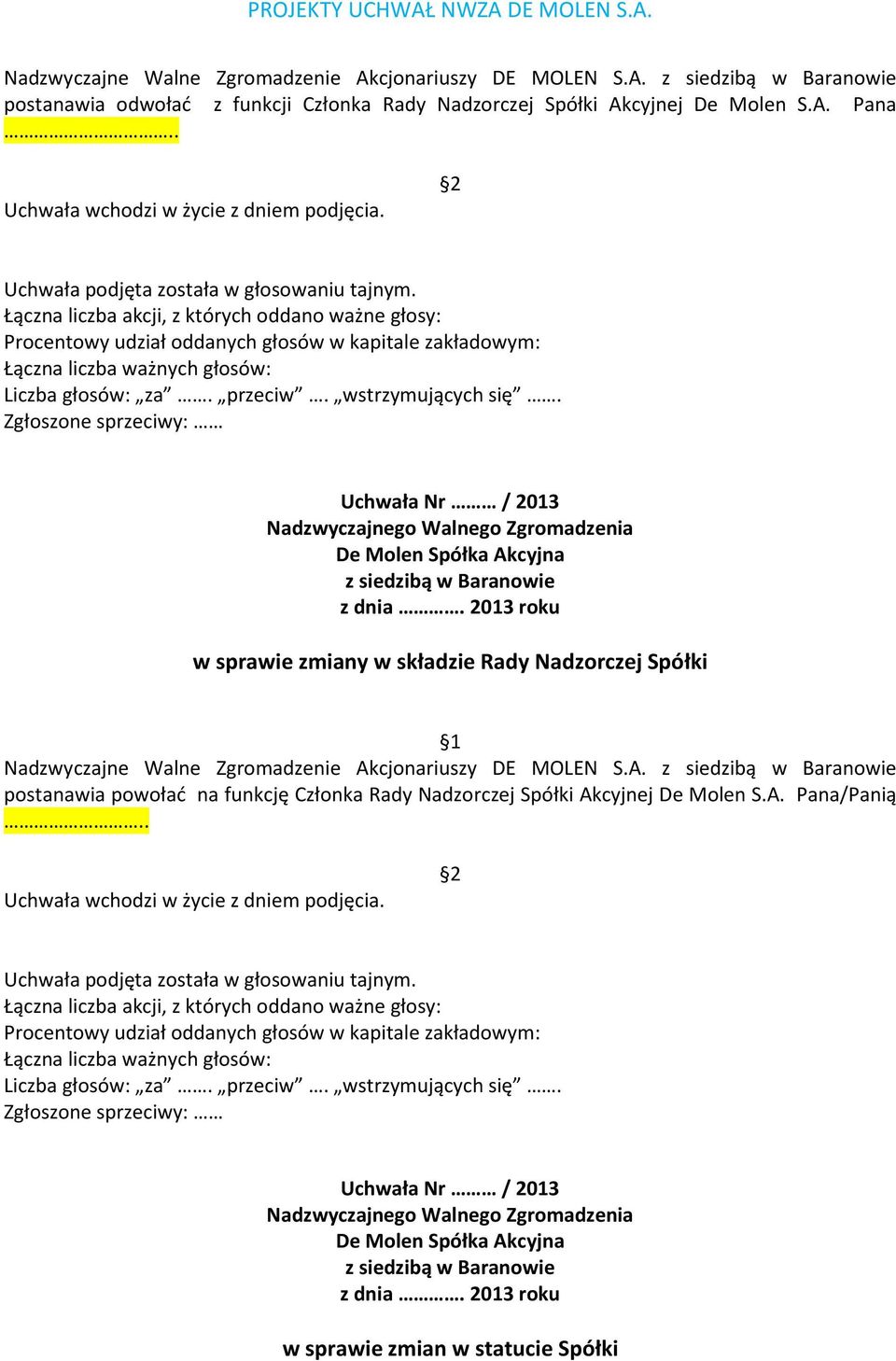 Zgłoszone sprzeciwy: w sprawie zmiany w składzie Rady Nadzorczej Spółki Nadzwyczajne Walne Zgromadzenie Ak