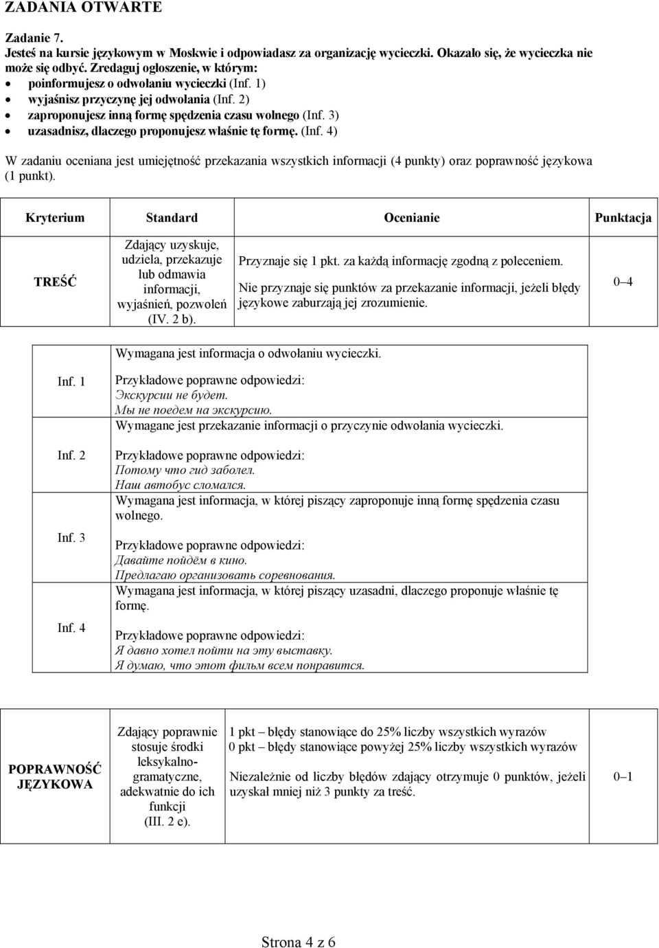 3) uzasadnisz, dlaczego proponujesz właśnie tę formę. (Inf. 4) W zadaniu oceniana jest umiejętność przekazania wszystkich informacji (4 punkty) oraz poprawność językowa (1 punkt).