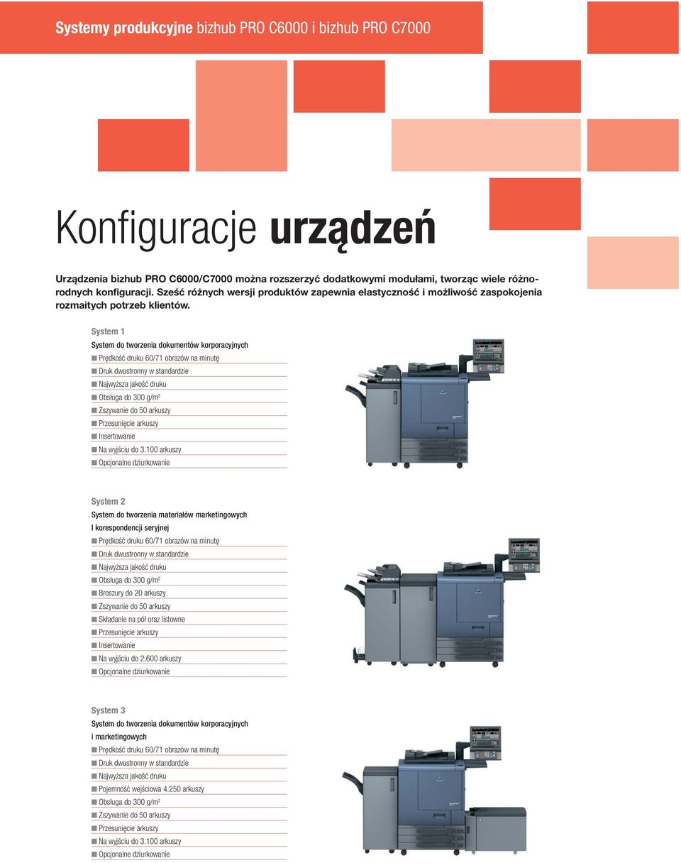 System 1 System do tworzenia dokumentów korporacyjnych Prędkość druku 60/71 obrazów na minutę Druk dwustronny w standardzie Najwyższa jakość druku Obsługa do 300 g/m 2 Zszywanie do 50 arkuszy