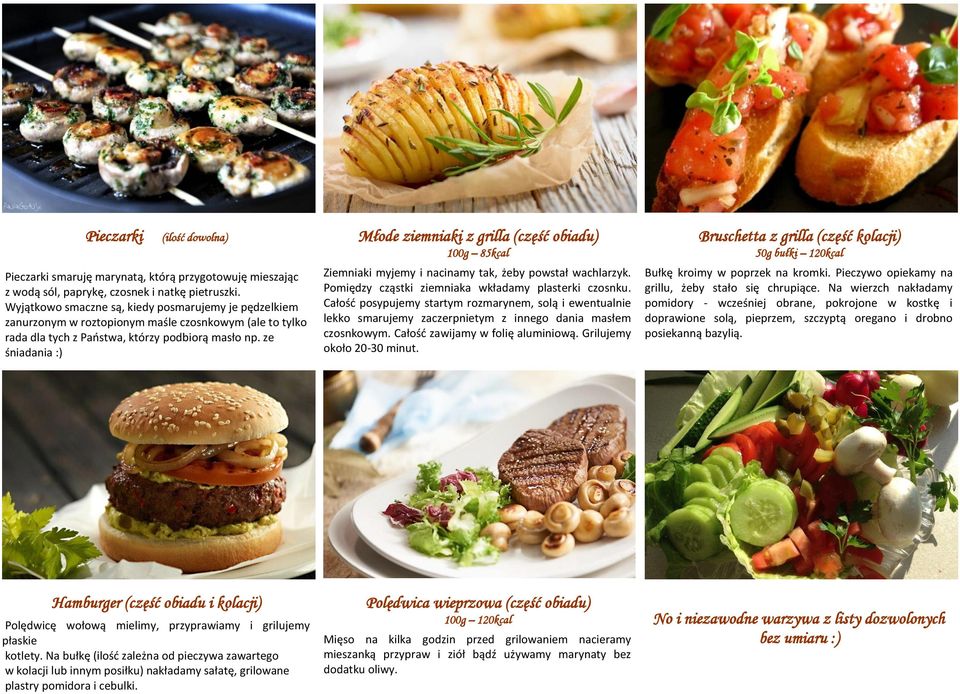 ze śniadania :) Młode ziemniaki z grilla (część obiadu) 100g 85kcal Ziemniaki myjemy i nacinamy tak, żeby powstał wachlarzyk. Pomiędzy cząstki ziemniaka wkładamy plasterki czosnku.