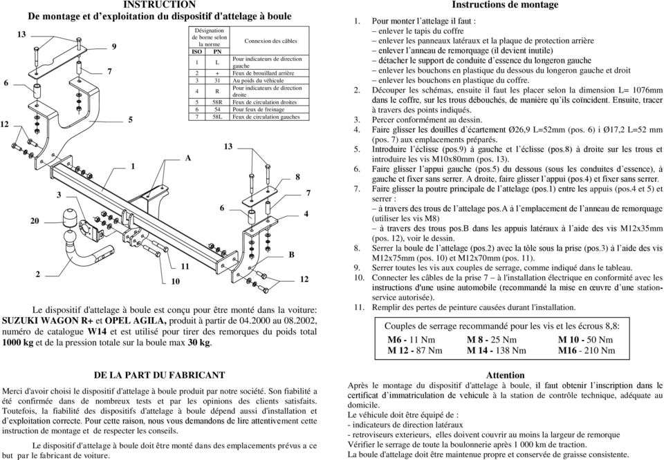 dispositif d'attelage à boule est conçu pour être monté dans la voiture: et, produit à partir de 04.2000 au 08.