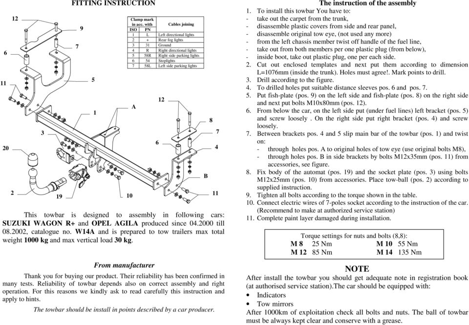 towbar is designed to assembly in following cars: SUZUKI WAGON R+ and OPEL AGILA produced since 04.2000 till 08.2002, catalogue no.