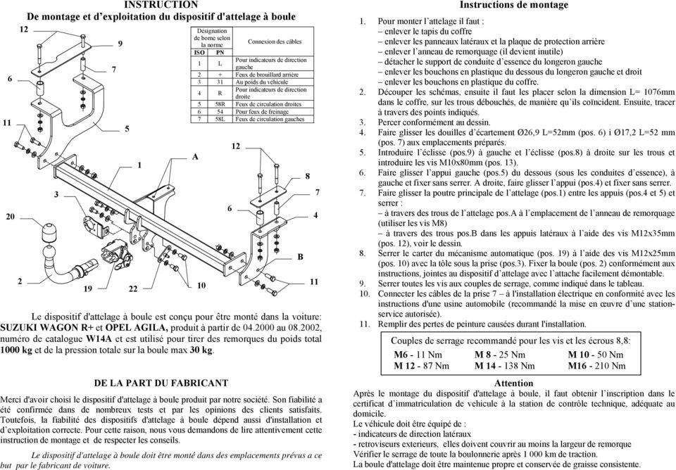 Le dispositif d'attelage à boule est conçu pour être monté dans la voiture: SUZUKI WAGON R+ et OPEL AGILA, produit à partir de 04.2000 au 08.