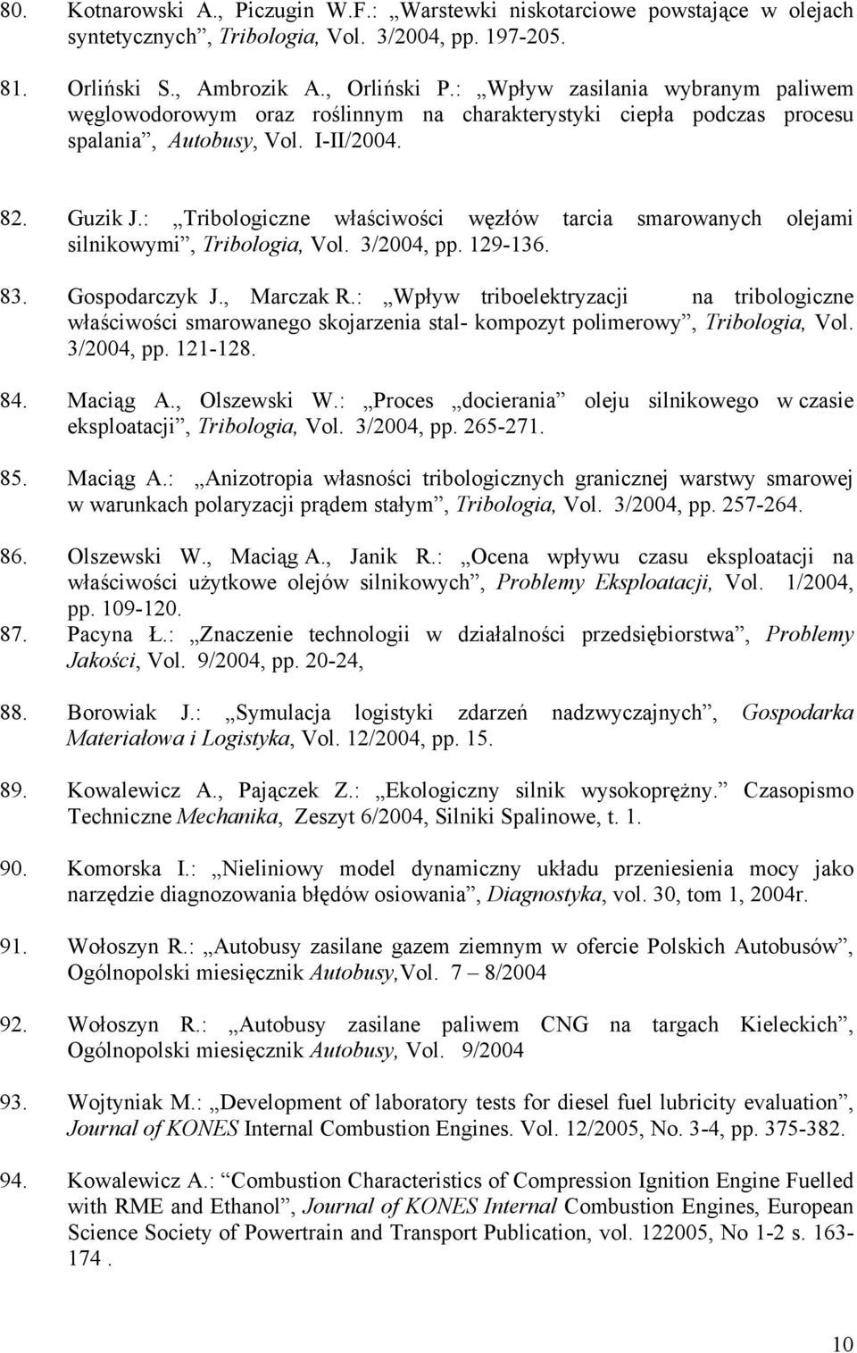 : Tribologiczne właściwości węzłów tarcia smarowanych olejami silnikowymi, Tribologia, Vol. 3/2004, pp. 129-136. 83. Gospodarczyk J., Marczak R.