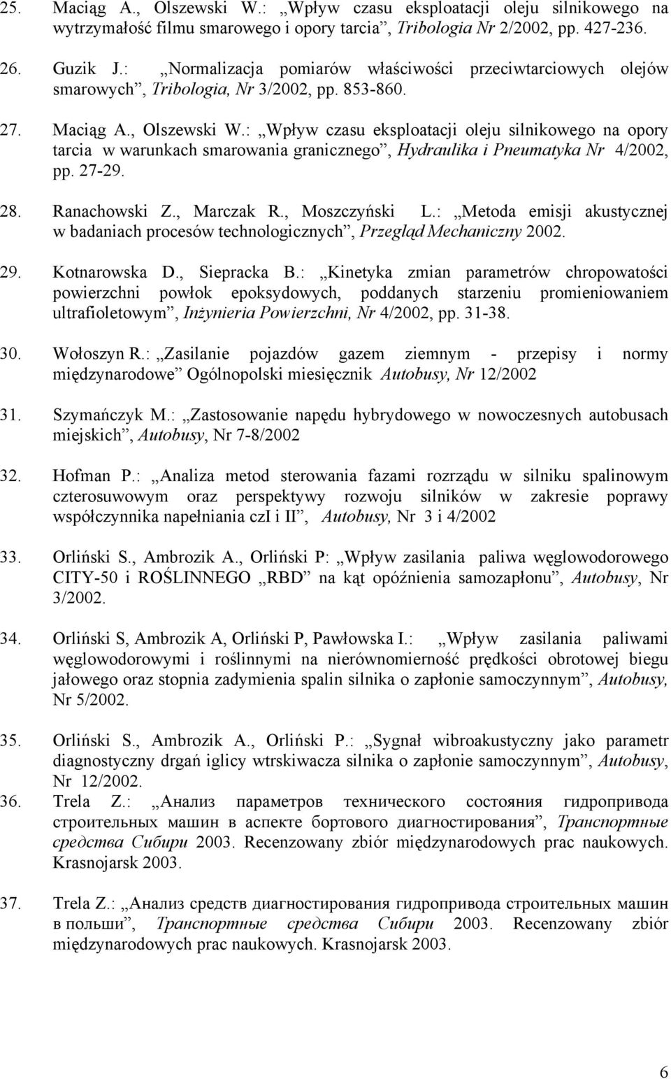 : Wpływ czasu eksploatacji oleju silnikowego na opory tarcia w warunkach smarowania granicznego, Hydraulika i Pneumatyka Nr 4/2002, pp. 27-29. 28. Ranachowski Z., Marczak R., Moszczyński L.