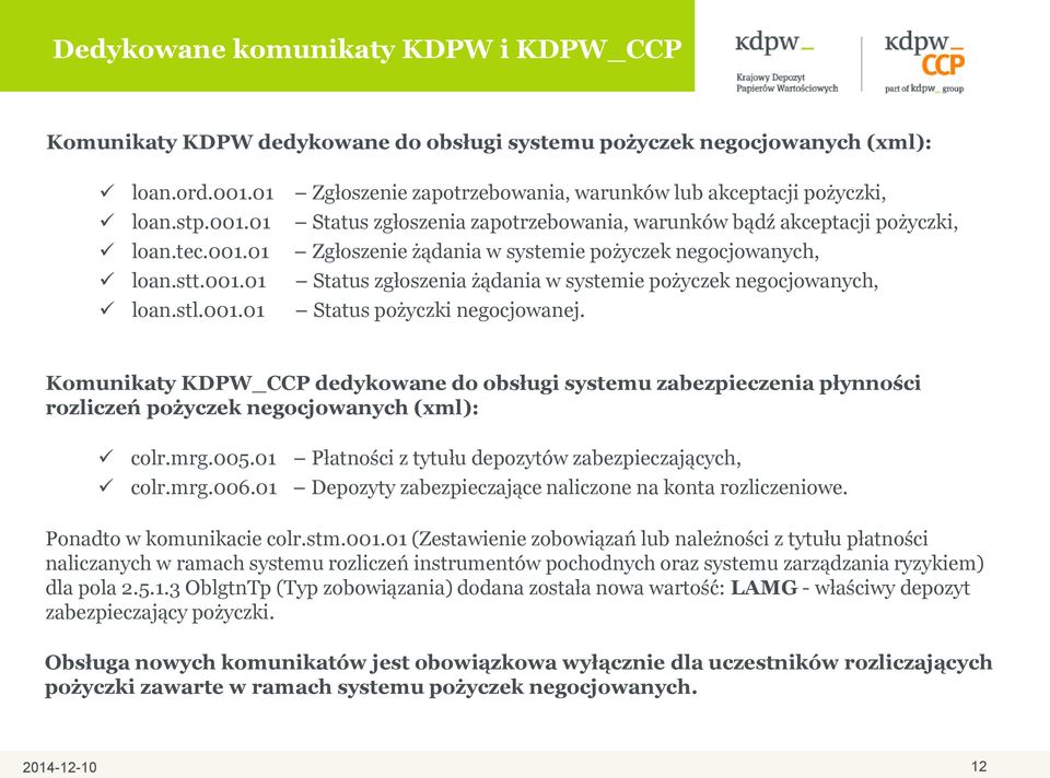 stl.001.01 Status pożyczki negocjowanej. Komunikaty KDPW_CCP dedykowane do obsługi systemu zabezpieczenia płynności rozliczeń pożyczek negocjowanych (xml): colr.mrg.005.