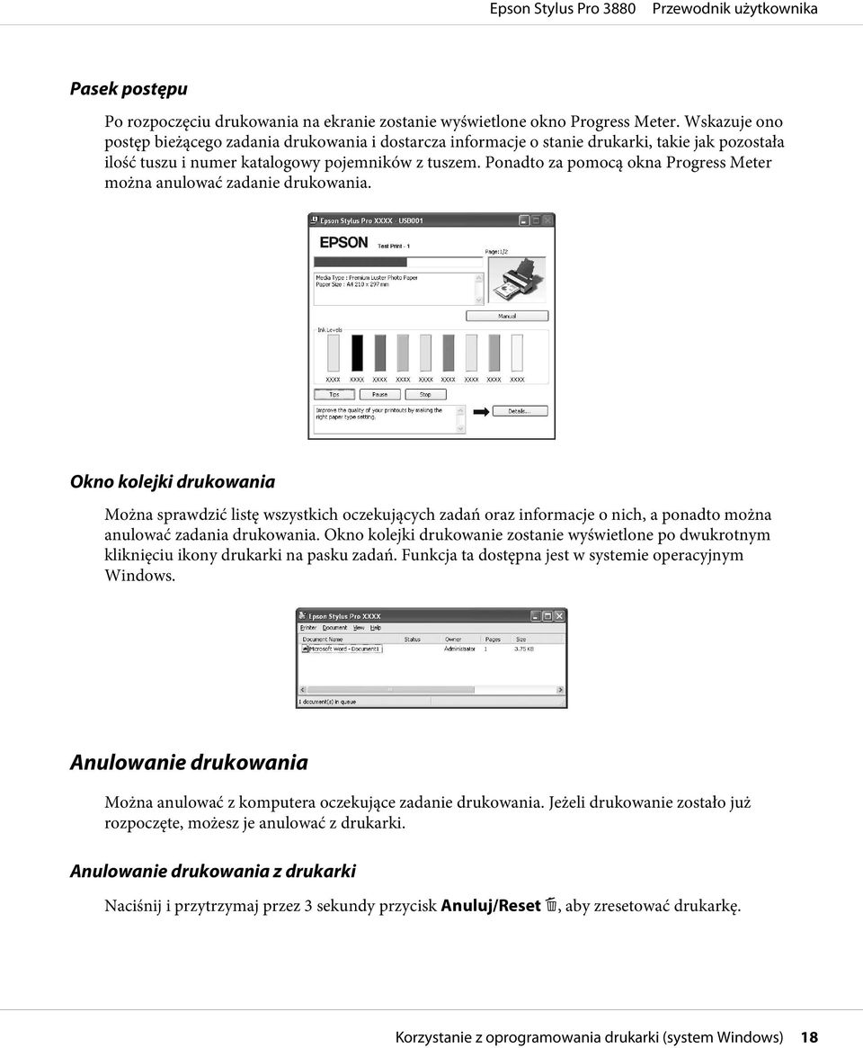 Ponadto za pomocą okna Progress Meter można anulować zadanie drukowania.