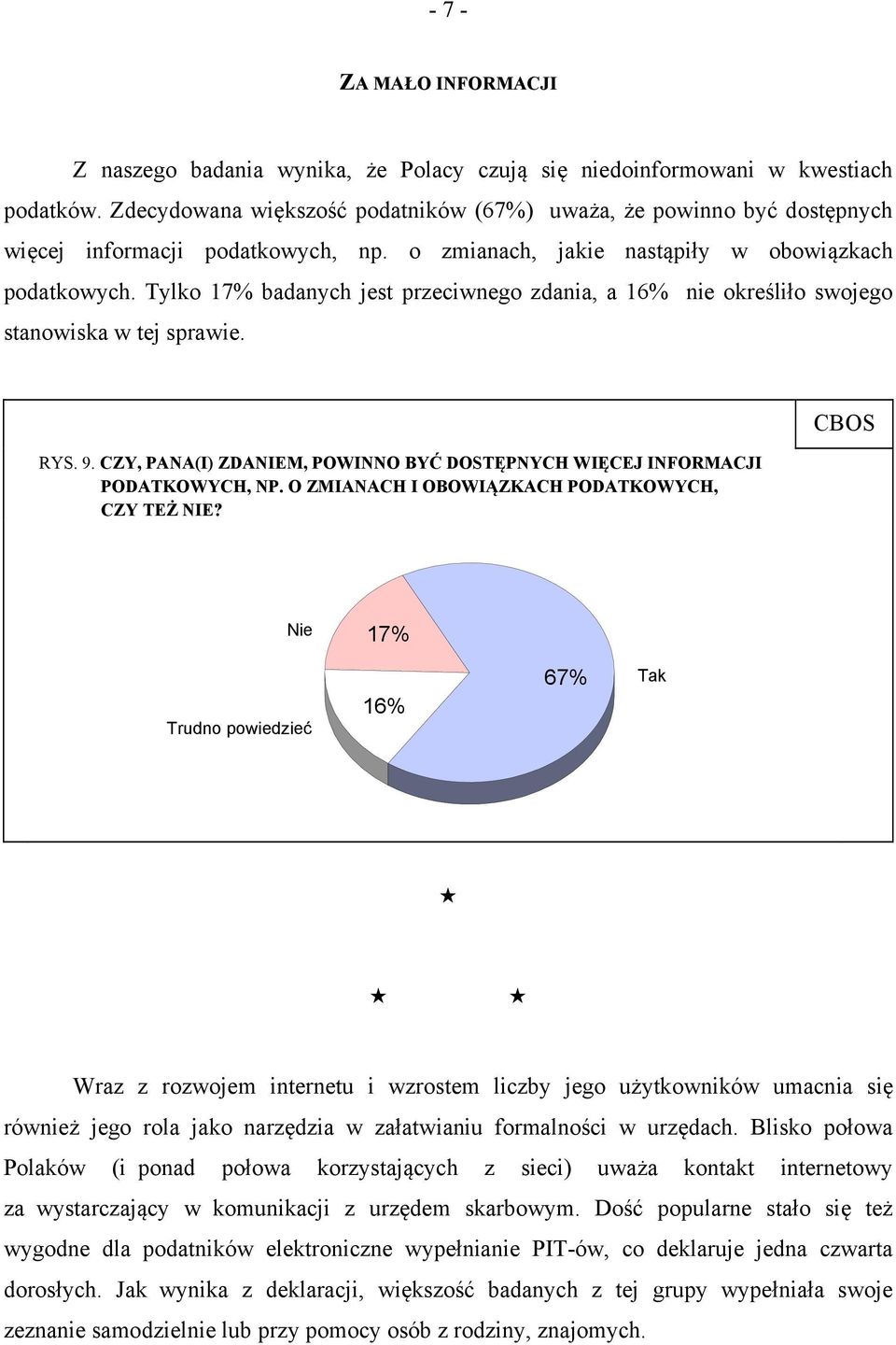 Tylko 17% badanych jest przeciwnego zdania, a 16% nie określiło swojego stanowiska w tej sprawie. RYS. 9. CZY, PANA(I) ZDANIEM, POWINNO BYĆ DOSTĘPNYCH WIĘCEJ INFORMACJI PODATKOWYCH, NP.