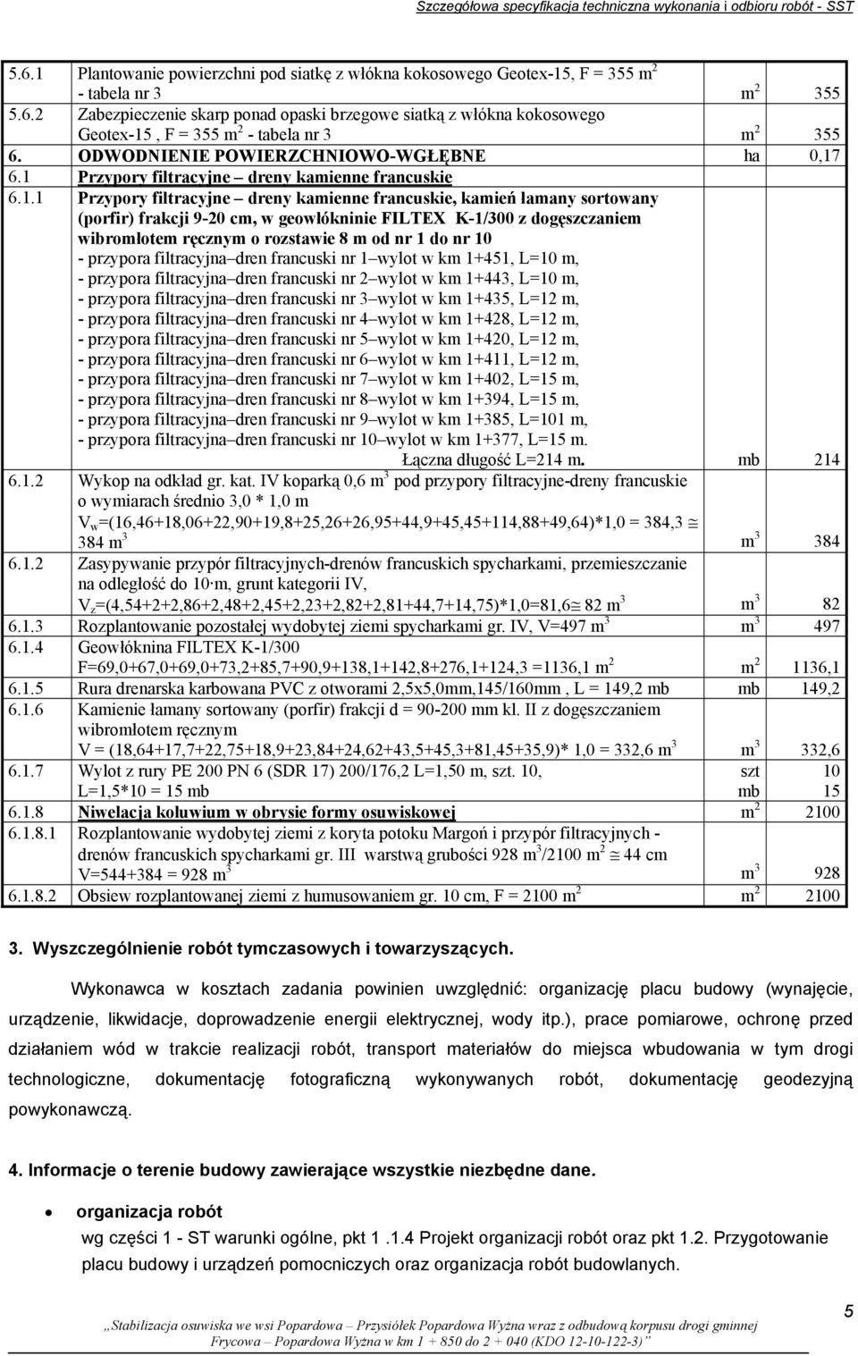 6.1 Przypory filtracyjne dreny kamienne francuskie 6.1.1 Przypory filtracyjne dreny kamienne francuskie, kamień łamany sortowany (porfir) frakcji 9-20 cm, w geowłókninie FILTEX K-1/300 z
