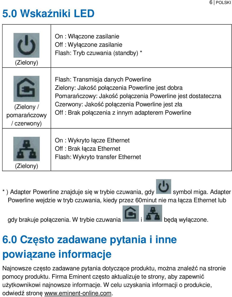 adapterem Powerline On : Wykryto łącze Ethernet Off : Brak łącza Ethernet Flash: Wykryto transfer Ethernet * ) Adapter Powerline znajduje się w trybie czuwania, gdy symbol miga.