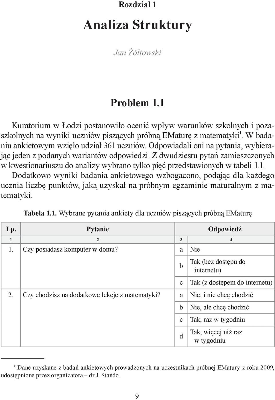 Z dwudziestu pytań zamieszczonych w kwestionariuszu do analizy wybrano tylko pięć przedstawionych w tabeli 1.